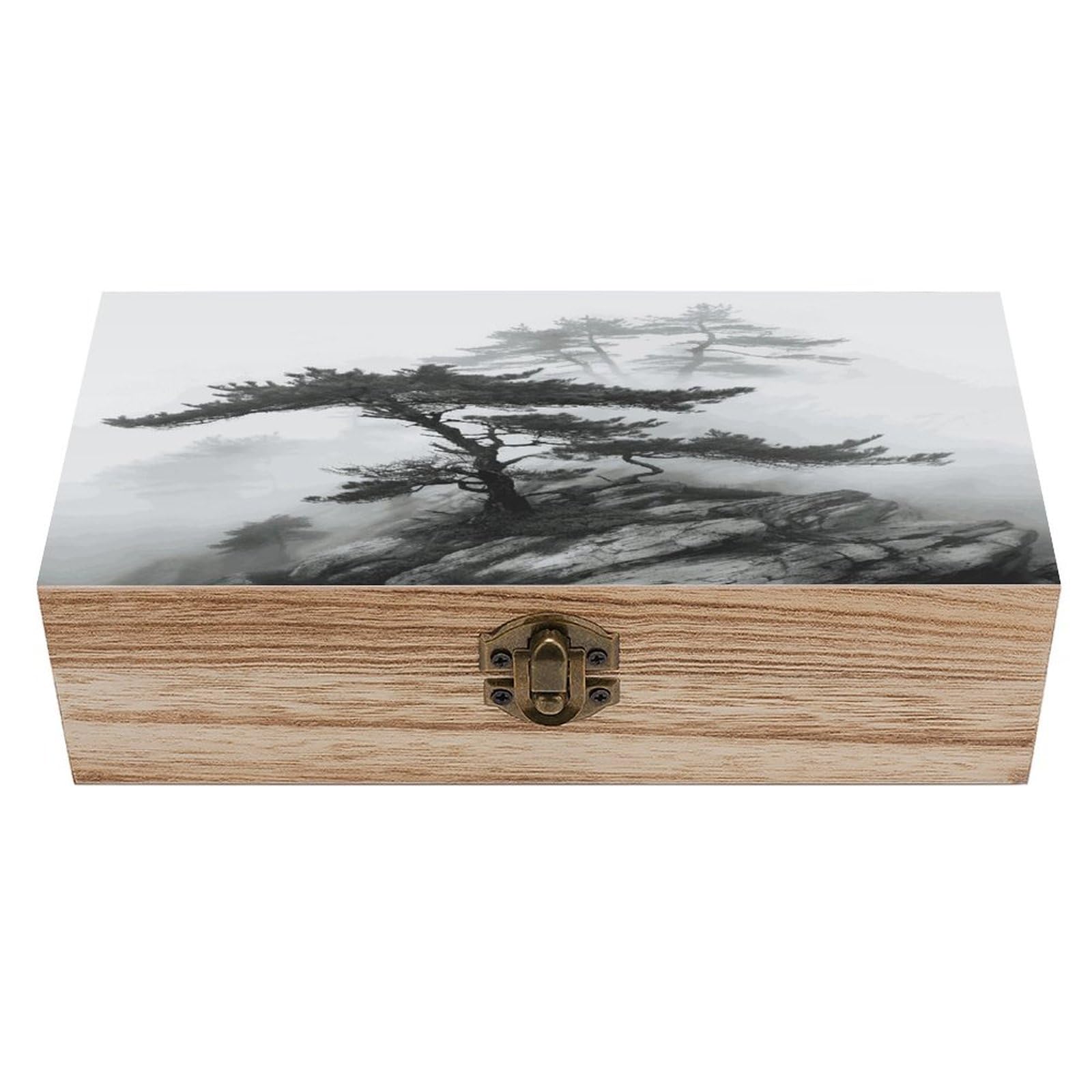 Foggy Mountain Pine Tree Wood Keepsake Box Wooden Box with Hinged Lid