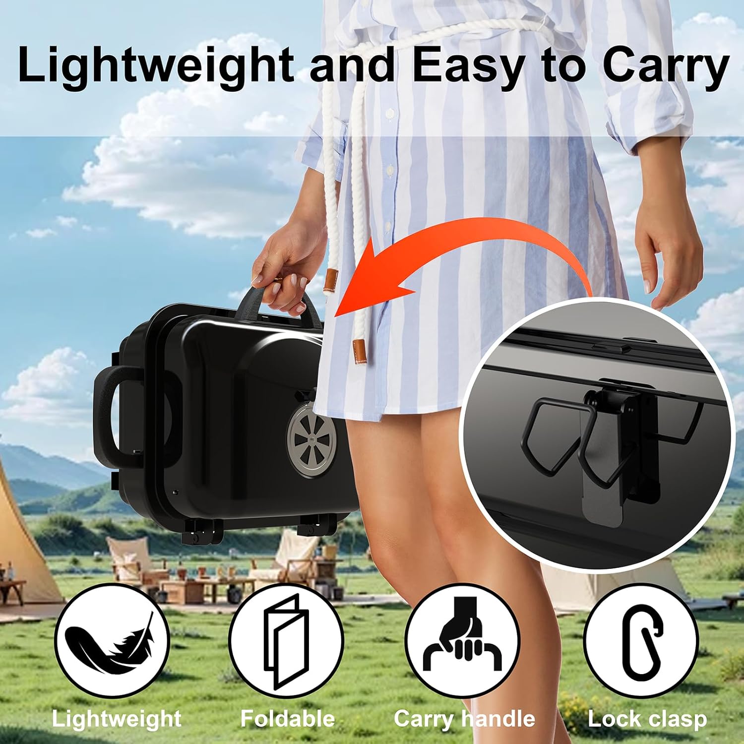 Portable Charcoal Grill with Warming Rack, Small Tabletop Barbecue Grill, Foldable Legs, Adjustable Vent, Total 343 Sq. In.Cooking Space, Outdoor BBQ Grill for Camping and Picnics (Black)