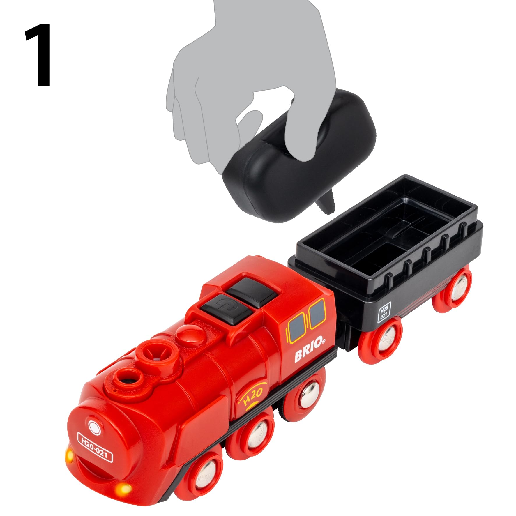 BRIO World 36017 Batterie-Dampfzug-Set - Aus dem Schornstein der Lokomotive strömt während der Fahrt kalter Wasserdampf - Klassisches Bahn-Acht Layout inklusive Bergtunnel