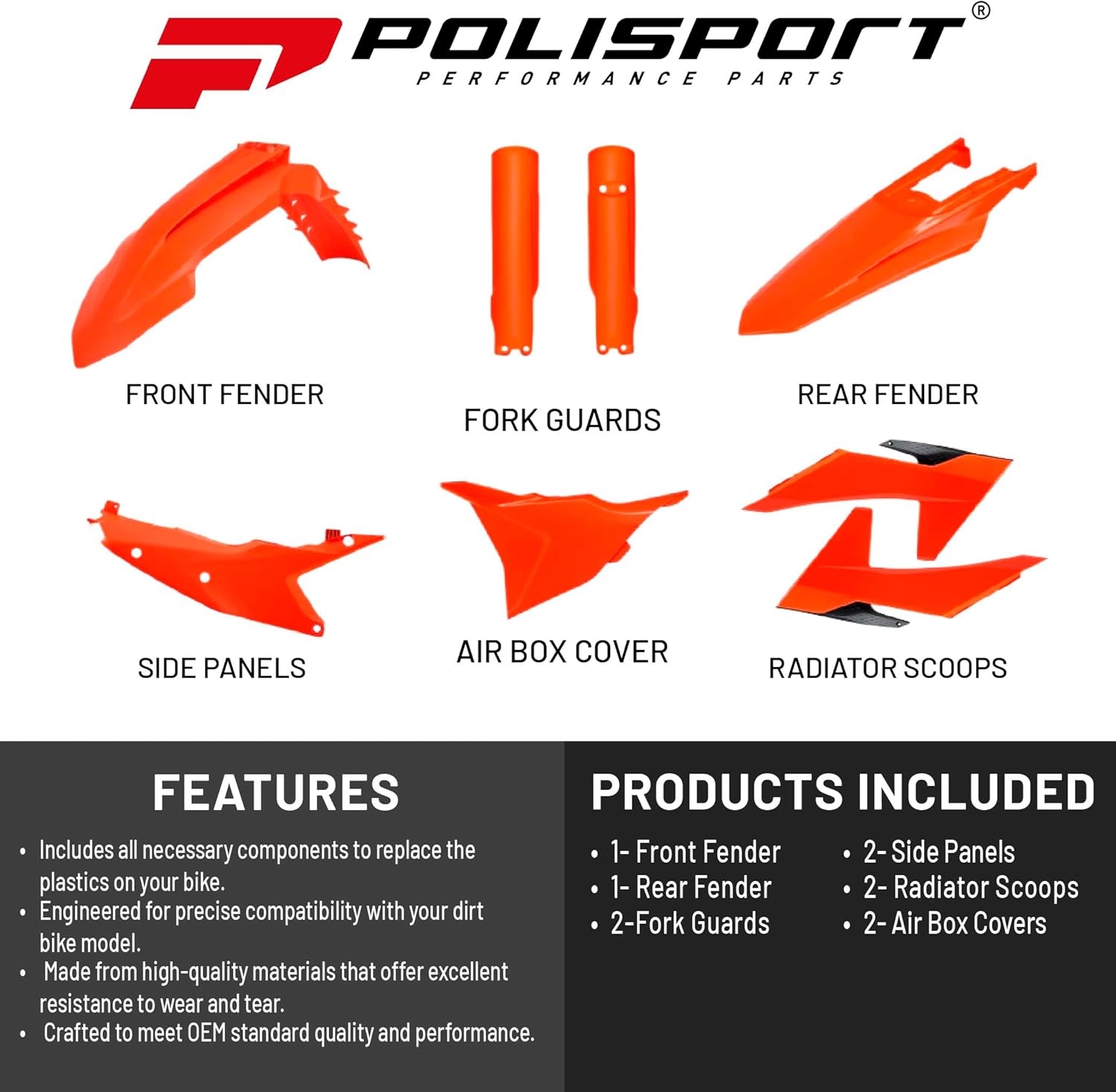 Polisport Motocross (MX) Replica Plastic Kit for KTM EXC/XCF/XCW/XW-F (2024-25) – OEM Quality, Durable, Flexible & Perfect Fit – Orange/Black
