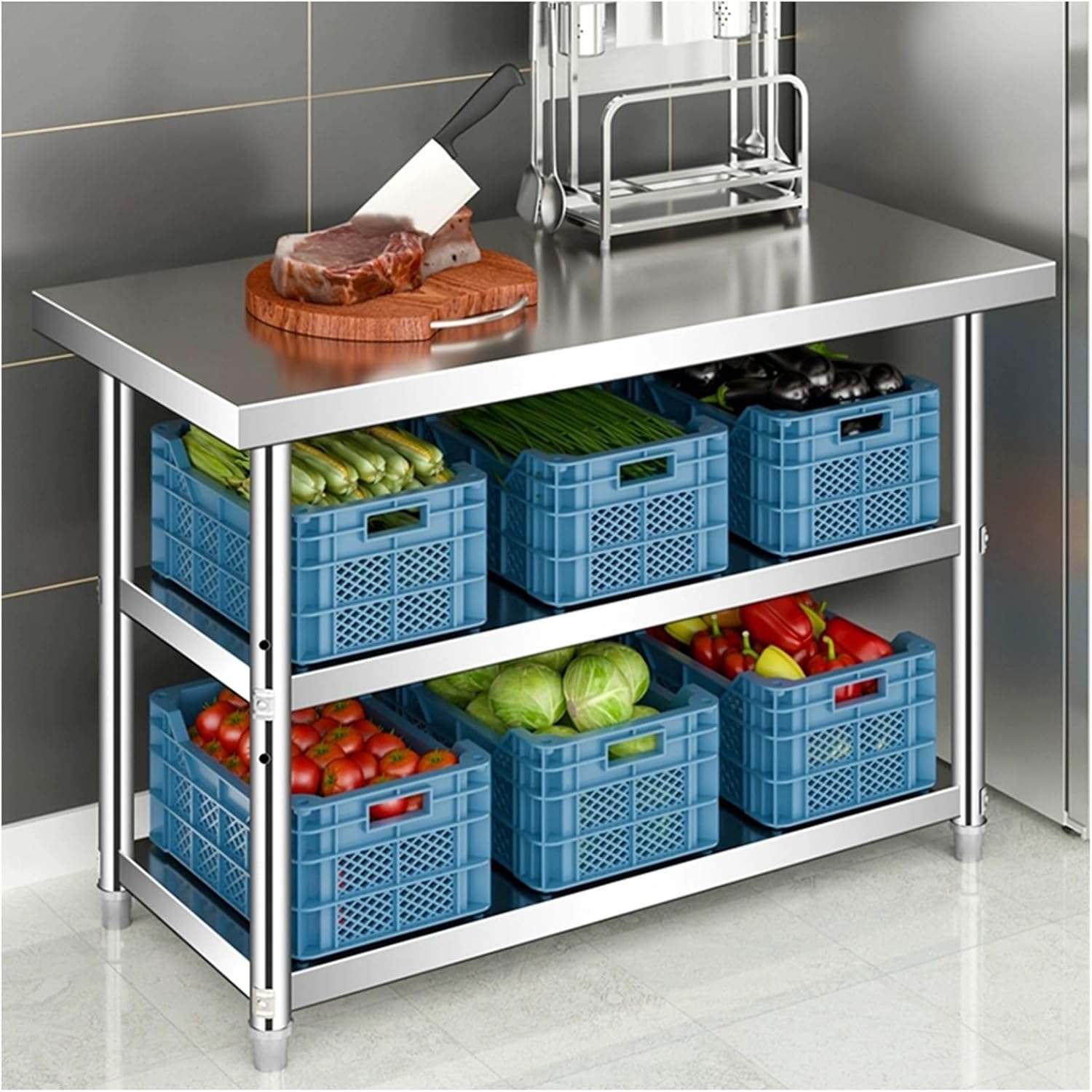 Three-tier Kitchen Prep Table Stainless Steel Workbench Sturdy and Stable Water Proof and Rustproof Open Storage Shelves Metal Table with Adjustable Floor Legs for a Wide Range of Applications