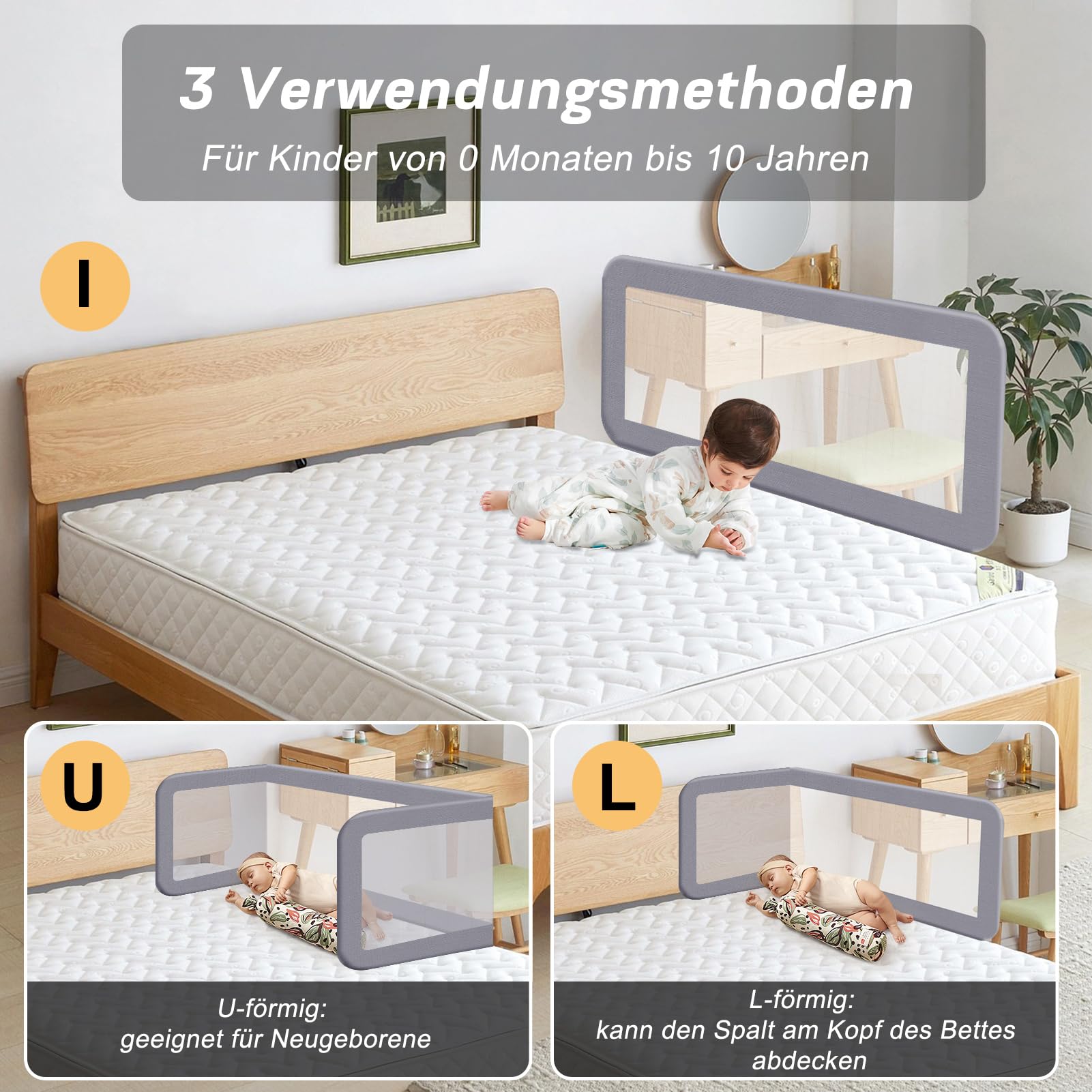 YIKANWEN Tragbare Bettgitter 175cm, Bettschutzgitter für Kinder ab 0 Monate-10 Jahren, Rausfallschutz für Kinderbetten,Boxspringbetten