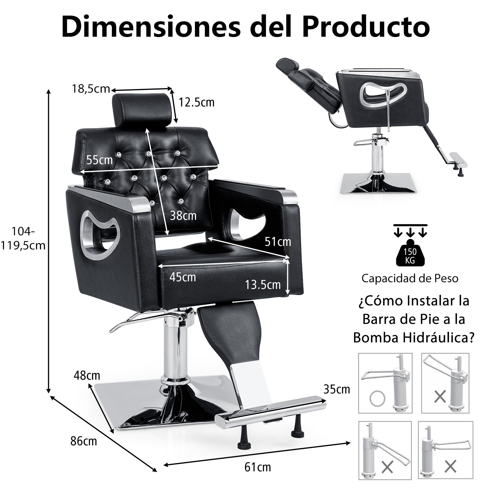 GOPLUS Silla Reclinable para Peluquería Goflame, Sillón Vintage con Bomba Hidráulica, Respaldo+Reposacabezas Ajustables, Giro 360°, para Maquillaje y Tatuajes