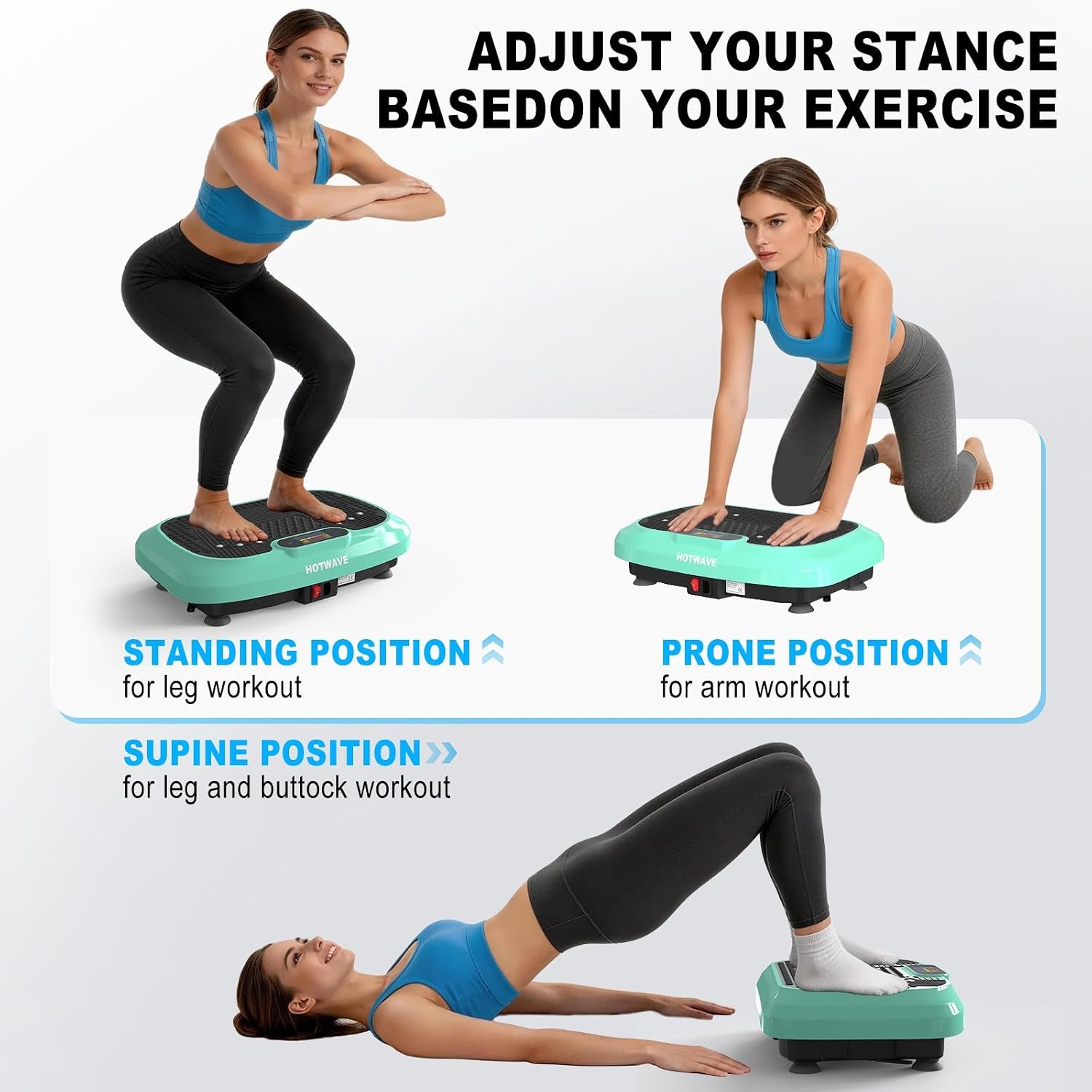 Illustrations of three different exercise positions on the vibration plate: standing for leg workouts, prone for arm workouts, and supine for leg and buttock workouts.