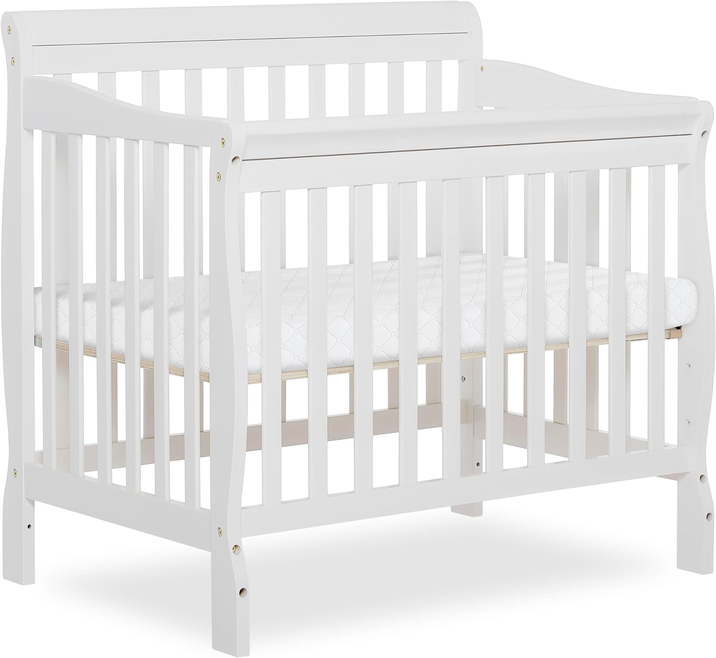 Dream On Me Aden 4-in-1 Convertible Mini Baby Crib, GREENGUARD Gold & BSA Certified, Sustainable Pinewood, Non-Toxic Finish, 3 Mattress Heights, Converts to Mini Day & Twin-Size Bed - White