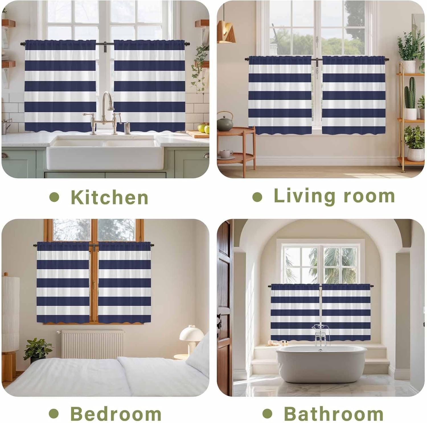 Blue Stripes Kitchen Tier Curtains 45 Inch Long 2 Panel Set, Rod Pocket Short Window Treatment, Simple Blue White Texture Light Filtering Curtains & Drapes for Bathroom Basement 27.5"W x 45"L