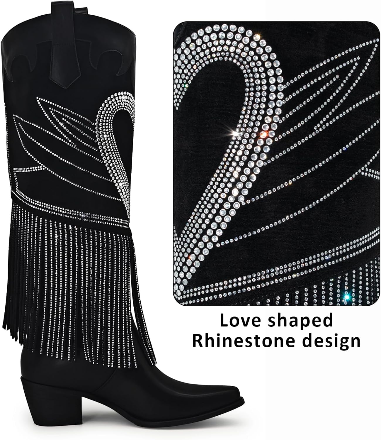 Women's Sparkly Fringe Rhinestone Knee High Cowboy Boots Glitter wide calf Pull On Pointed Toe Low Chunky Tall Cowgirl Boots Fashion bling Sexy Retro Party Wedding Shoes