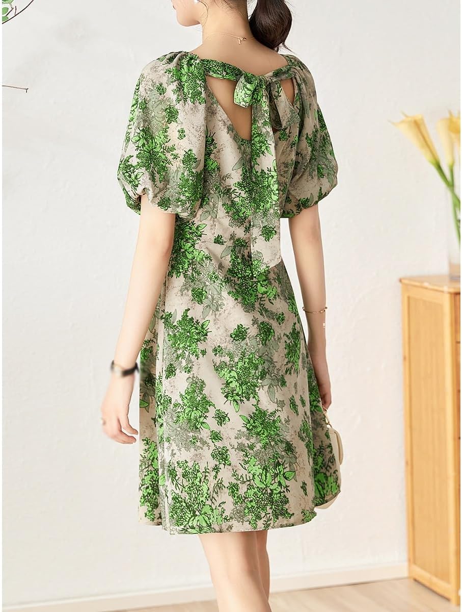 JSEIAJB V-Neck Bubble Sleeve Floral Back Lace Up Dress for Women's Dress