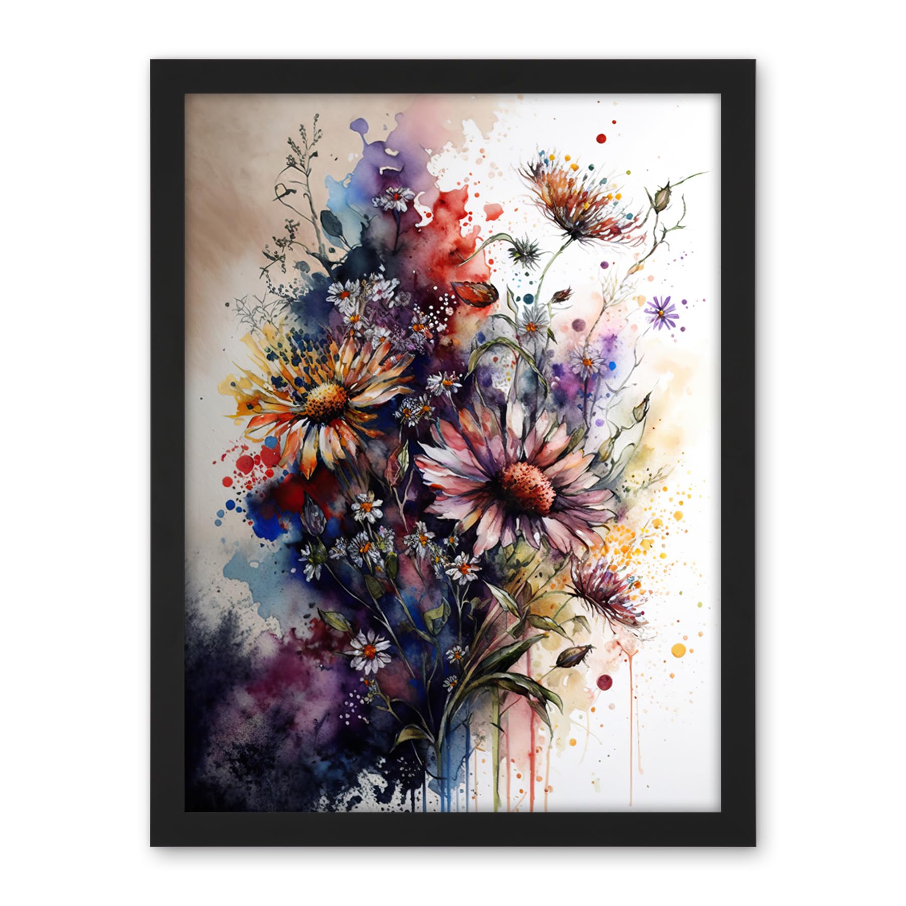 Artery8 Flower Bouquet over Watercolour Splat Illustration Artwork Framed Wall Art Print 18X24 Inch