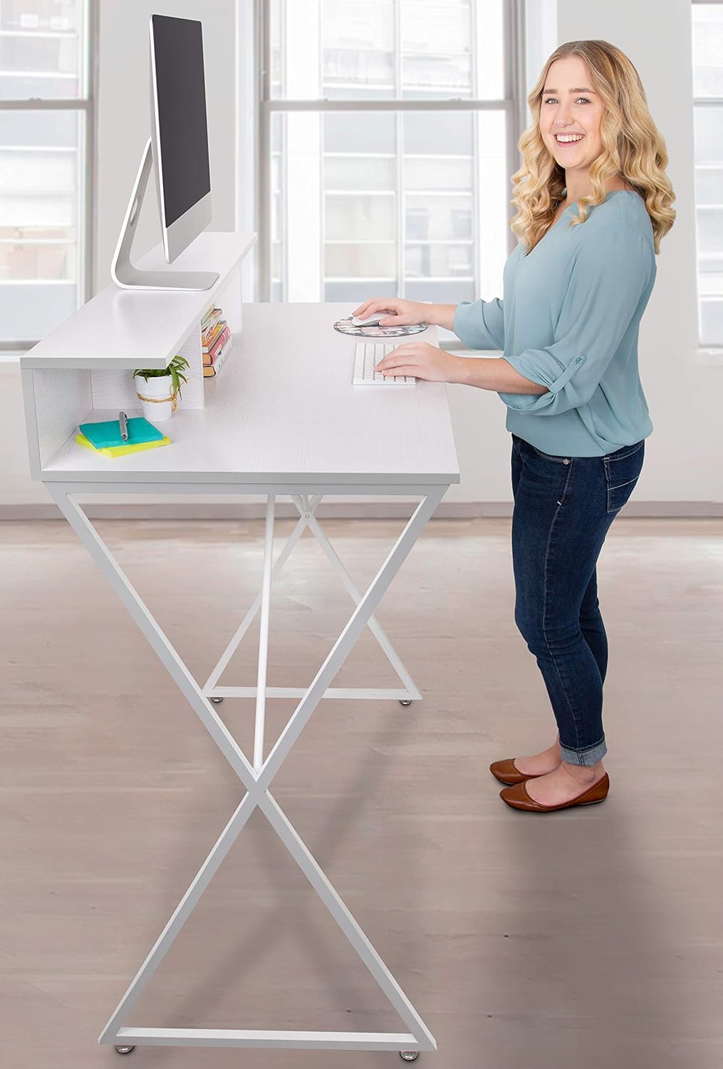 Stand Steady Joy Standing Desk | Pretty Standing Desk with Shelf & Built-in Storage Cubbies | Modern Stand Up Workstation | Tall Desk & Reception Table for Home, Dorm & Office (White / 48in x 42in) : Office Products