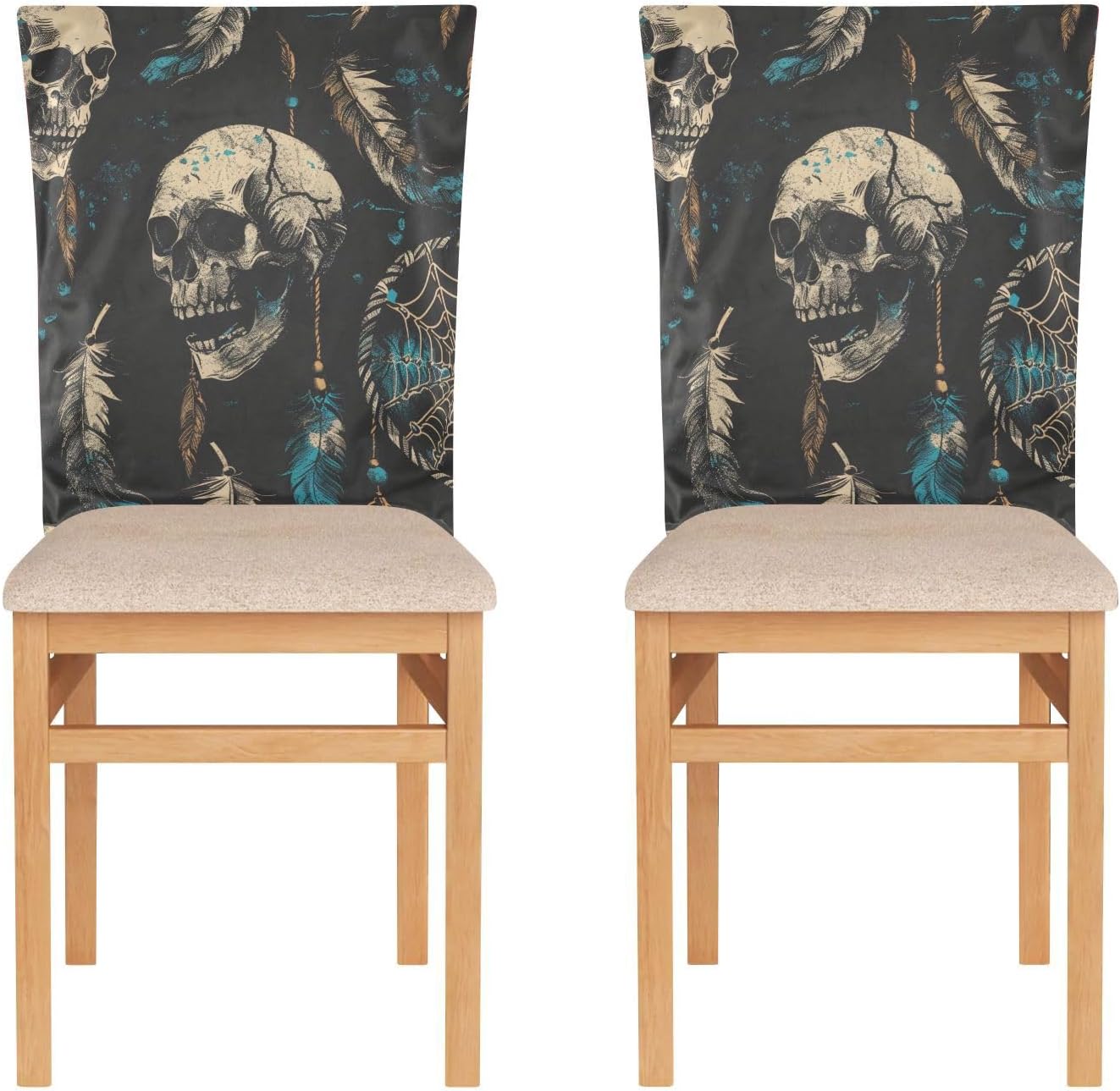 ALAZA Skulls and Dreamcatcher Chair Back Cover Set of 6, Washable Reusable Removable Chair Slipcovers Decorative Chair Cover for Home Kitchen Wedding Party