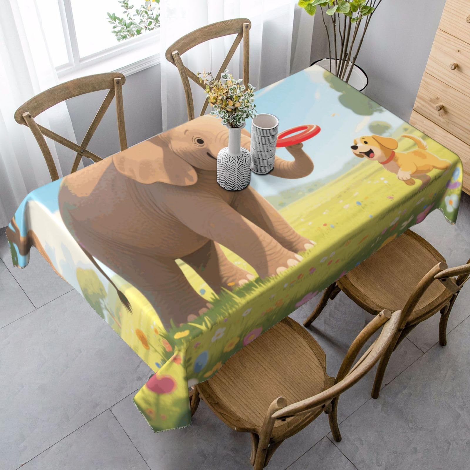 Elephant And Dog Rectangle Tablecloth 35x55 Inch, Washable Reusable Farmhouse Table Cloths Wrinkle Free And Spillproof Kitchen Dinning Table Cover For Party Wedding Picnic Home Decor Tablecloths