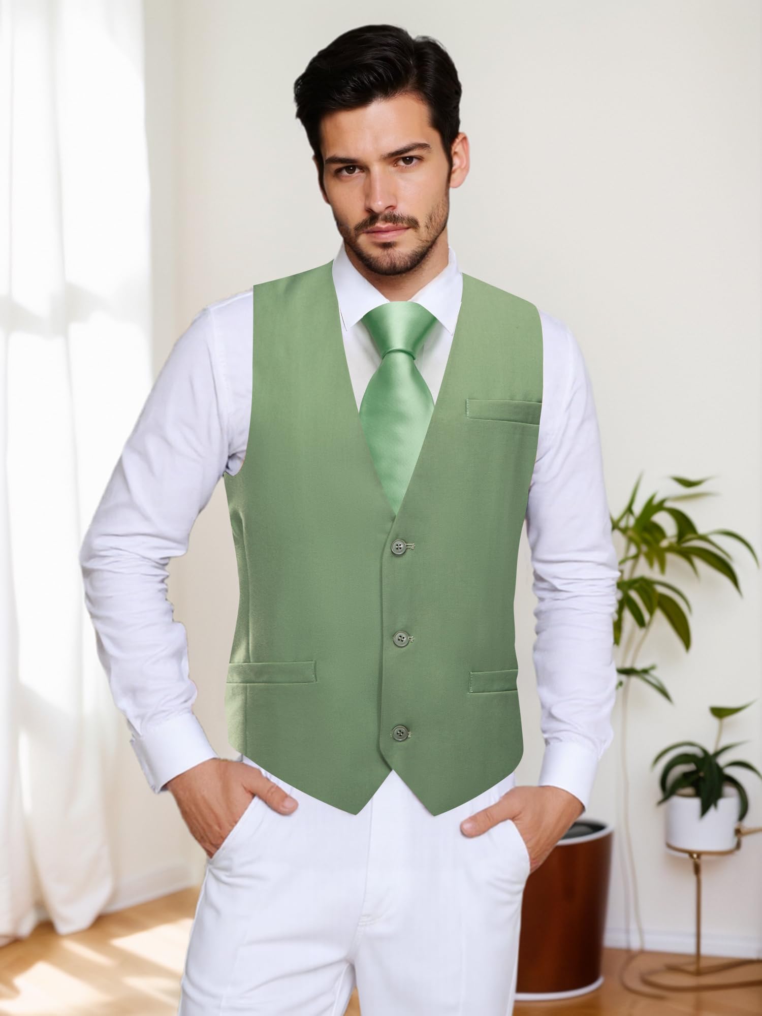 Hi-Tie Gilet de costume à carreaux uni et col en V pour homme, coupe ajustée, 3 poches, smoking formel, décontracté, pour mariage ou travail