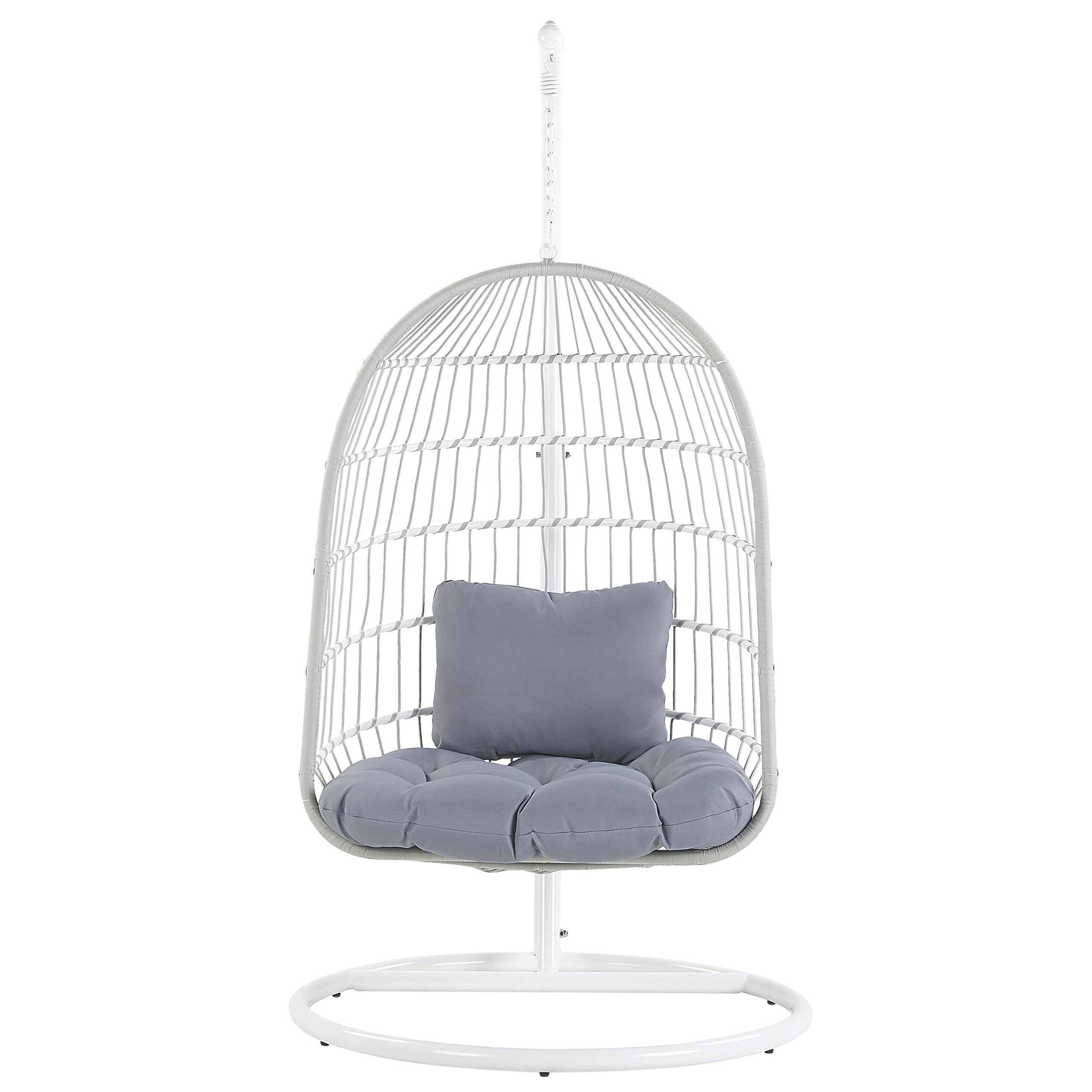 Fauteuil Suspendu avec Coussin et Support Blanc 102 cm en Métal et Rotin Très Confortable pour Extérieur au Style Boho Beliani