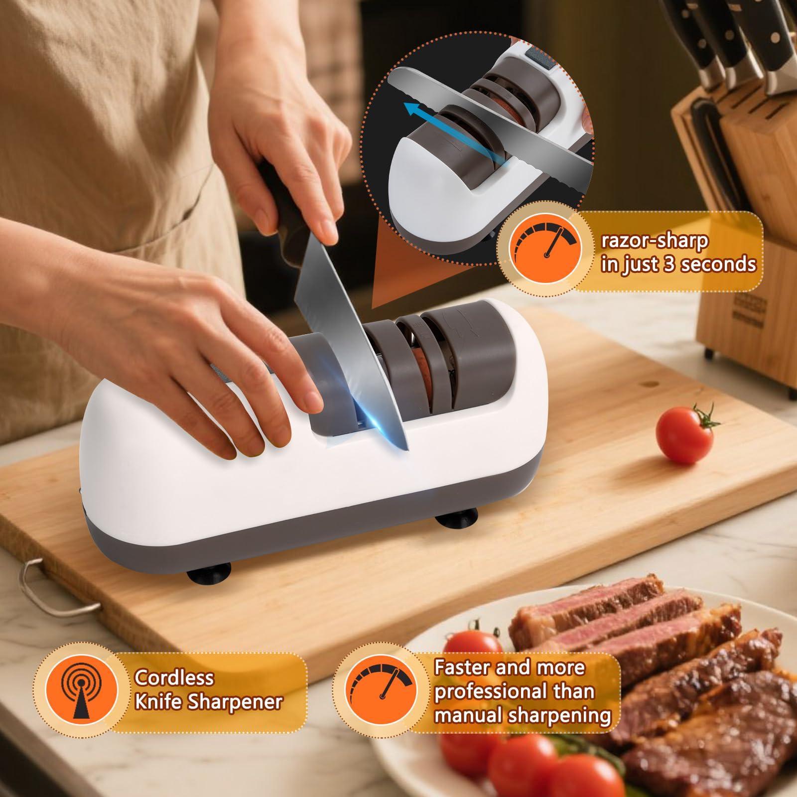 Electric Knife Sharpener, Cordless Professional 2 Stage Sharpening 100% Diamond with Suction Base Top Grinder Quick Sharpening and Polishing Easy to Use for Kitchen Knifs Scissors