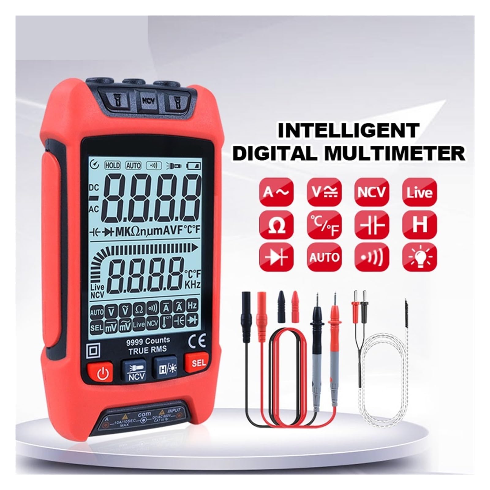 Tester Woltomierz AC/DC Ohm Cyfrowy Multimetr 9999 Zlicza Automatyczny Zakres Rezystancji TRMS Pojemnościowy Temperatury Szybko Dokładnie Łatwy Odczyt(V2-O)