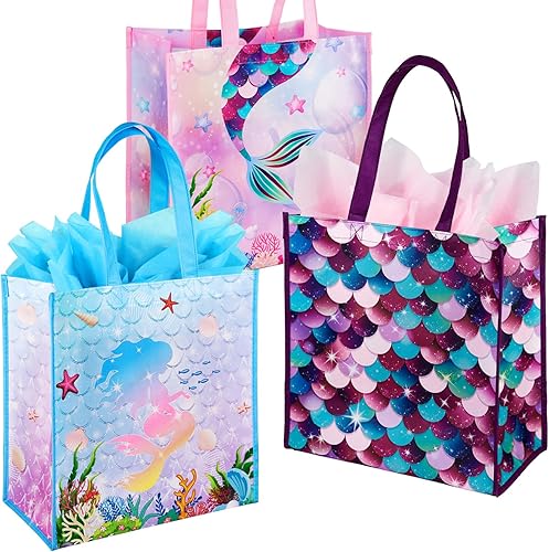 BLEWINDZ Bolsas de regalo grandes con pañuelos 3 bolsas de regalo reutilizables con asas para fiestas de cumpleaños, baby showers, compras (13 x 7 x