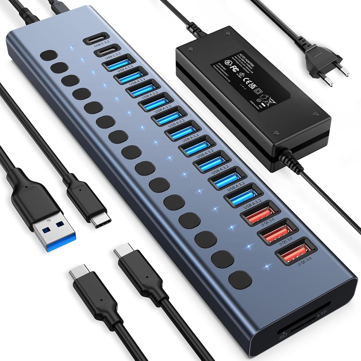 Powered USB-Hub, 17-Port 96W USB 3.2 Hub (10 USB 3.2 Ports+3 QC24W Schnellladeports+2 USB-C 3.2 Ports+SD/TF Kartenleser), individuelle EIN-/Ausschalter, 12V/8A Netzteil für Laptop, PC