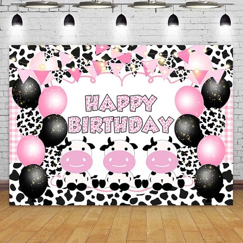 West Cowgirl Theme Pink Cow and Balloons Birthday Party Wall Table Banner Po Booth Decor Backdrops Pography Background