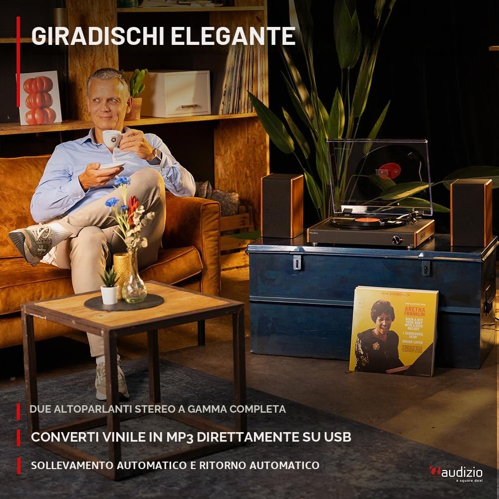 Audizio RP335 - Giradischi in stile retrò con altoparlanti stereo da 40 W, sistema stereo Bluetooth, conversione MP3 USB, piedini ammortizzanti, design vintage
