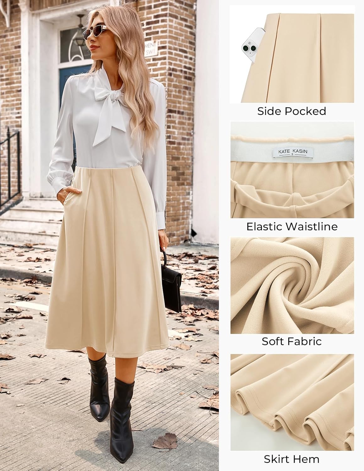 Kate Kasin Women's Pleated Midi Skirt 2025 Fall High Waisted Knee Length Flowy A Line Swing Casual Flared Skirts with Pockets - Image 4