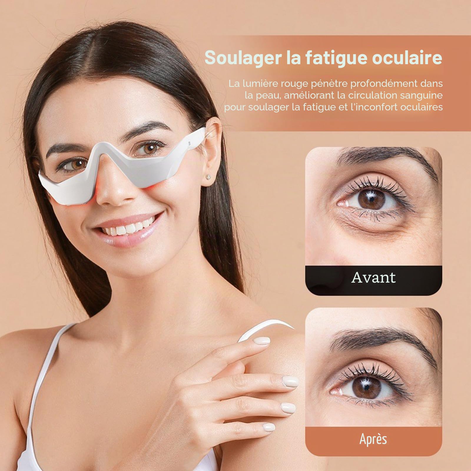 Lunettes de thérapie par lumière rouge - Masque pour les yeux - Thérapie infrarouge LED - Masseur pour les yeux - Pour réduire les cernes, les gonflements, les rides, enlever le sac
