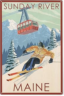 Lantern Press 10x15 Inch Wood Sign, Ready to Hang Wall Decor, Sunday River, Maine, Skier and Tram