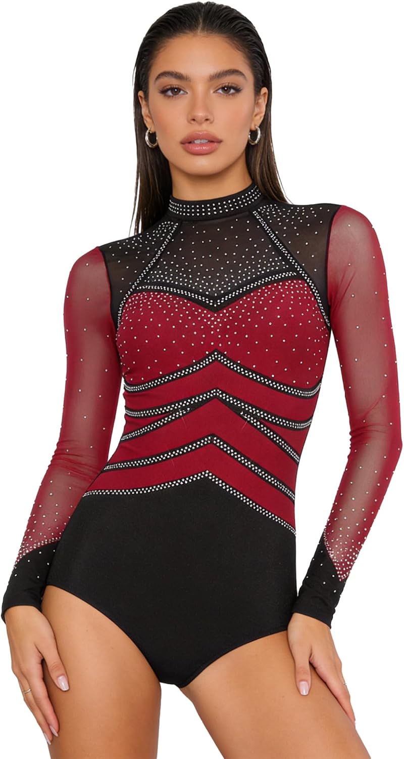 Women's Gymanstics Leotard Figure Skating Bodysuit Shiny Rhinestone Long Sleeve Dance Costumes
