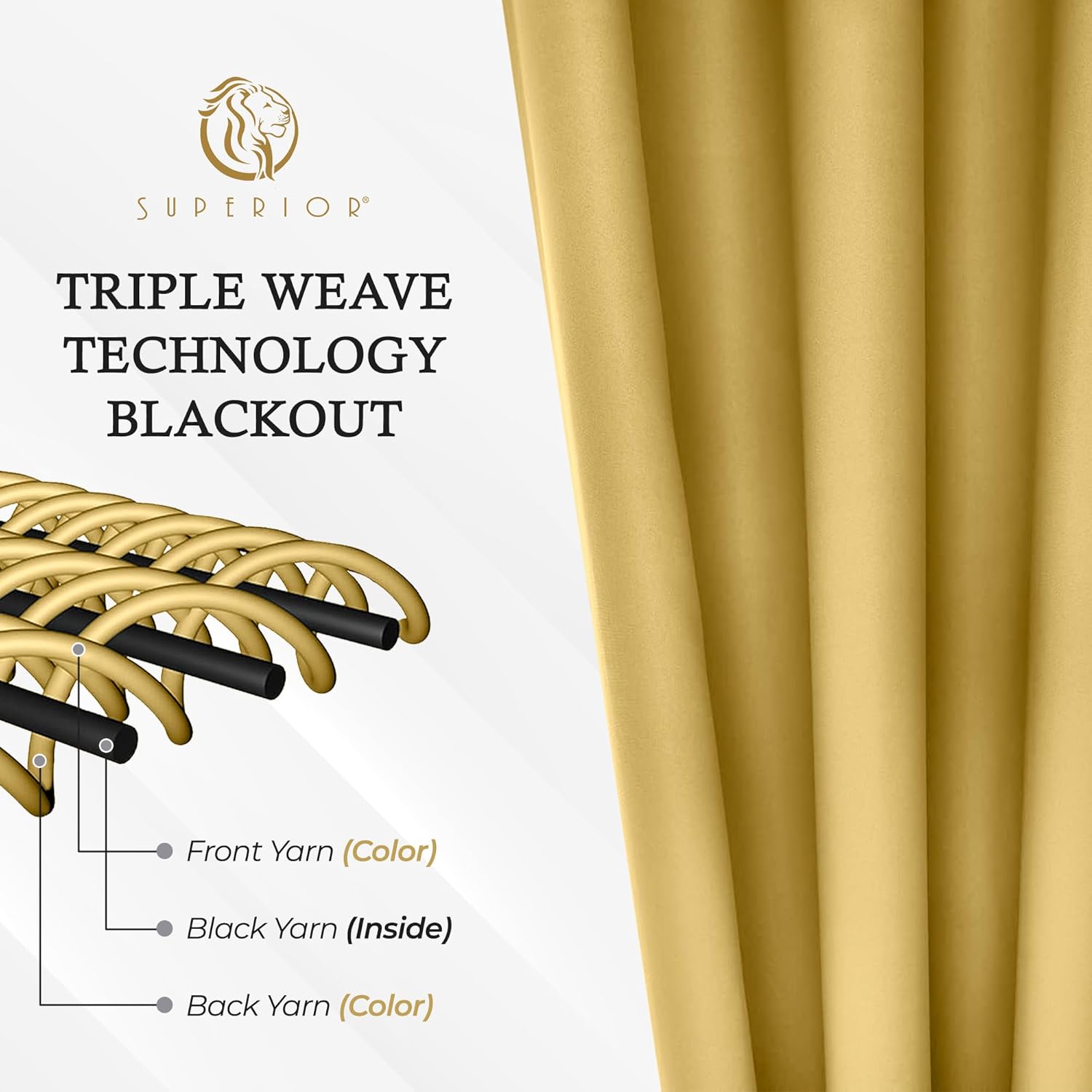 Superior Blackout Curtains, Room Darkening, Bedroom, Drapes, Kitchen, Living Room Window Accents, Sun Blocking, Thermal, 2 Pack, Solid Blackout Curtains, Set of 2, 52" x 84", Yellow Mustard