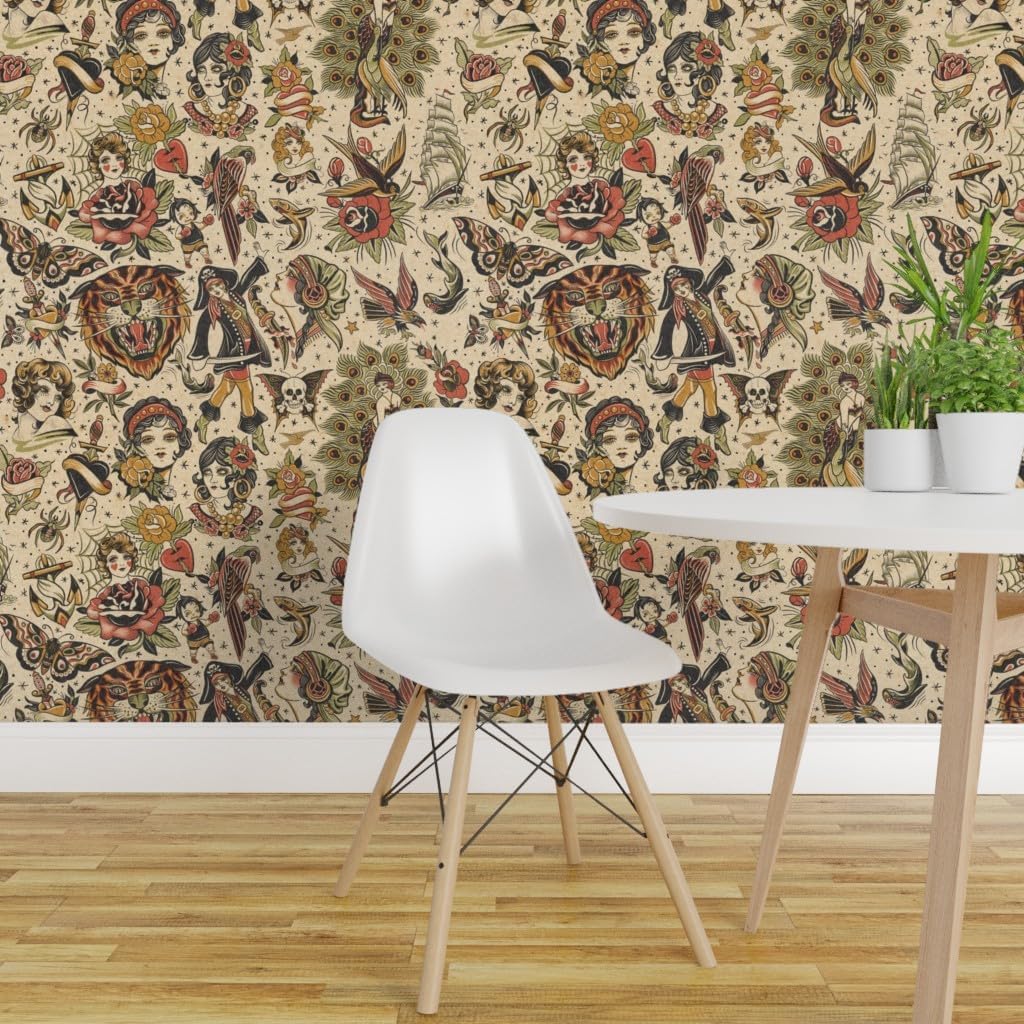 Spoonflower Removable Wallpaper Swatch - Retro Tattoos Vintage Style Art Traditional Neutral Nautical Exotic Tiger Rose Sailor Butterfly Custom Pre-Pasted Wallpaper