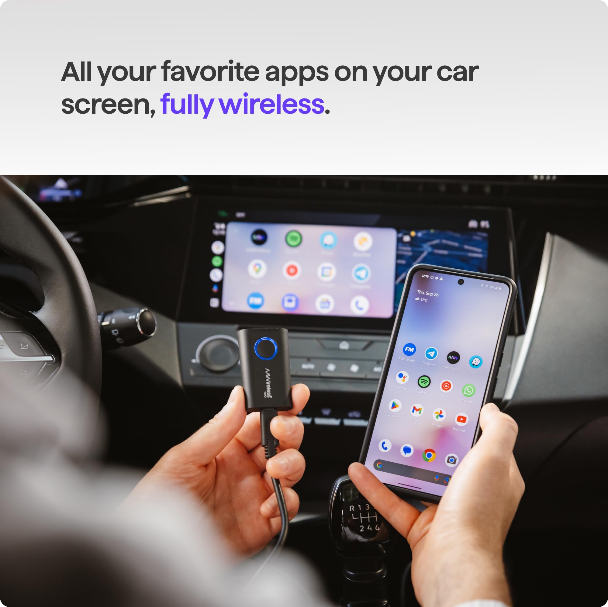 AAWireless Two+ Android Auto i Apple Carplay adapter 2 w 1 - bezprzewodowe połączenie przez Bluetooth i WiFi - nadaje się do iOS 10+ i Android 11+ - wielofunkcyjny przycisk - wyprodukowano w Europie