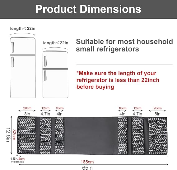 Mini Fridge Organizer 65 x 12.6, Mini Fridge Caddy with 15 Large Pockets, Over the Refrigerator Caddy Storage for Dorm, Pantry, Office, Plate, Silverware, Spice, Cutlery, Bottles, Napkins (Grey)