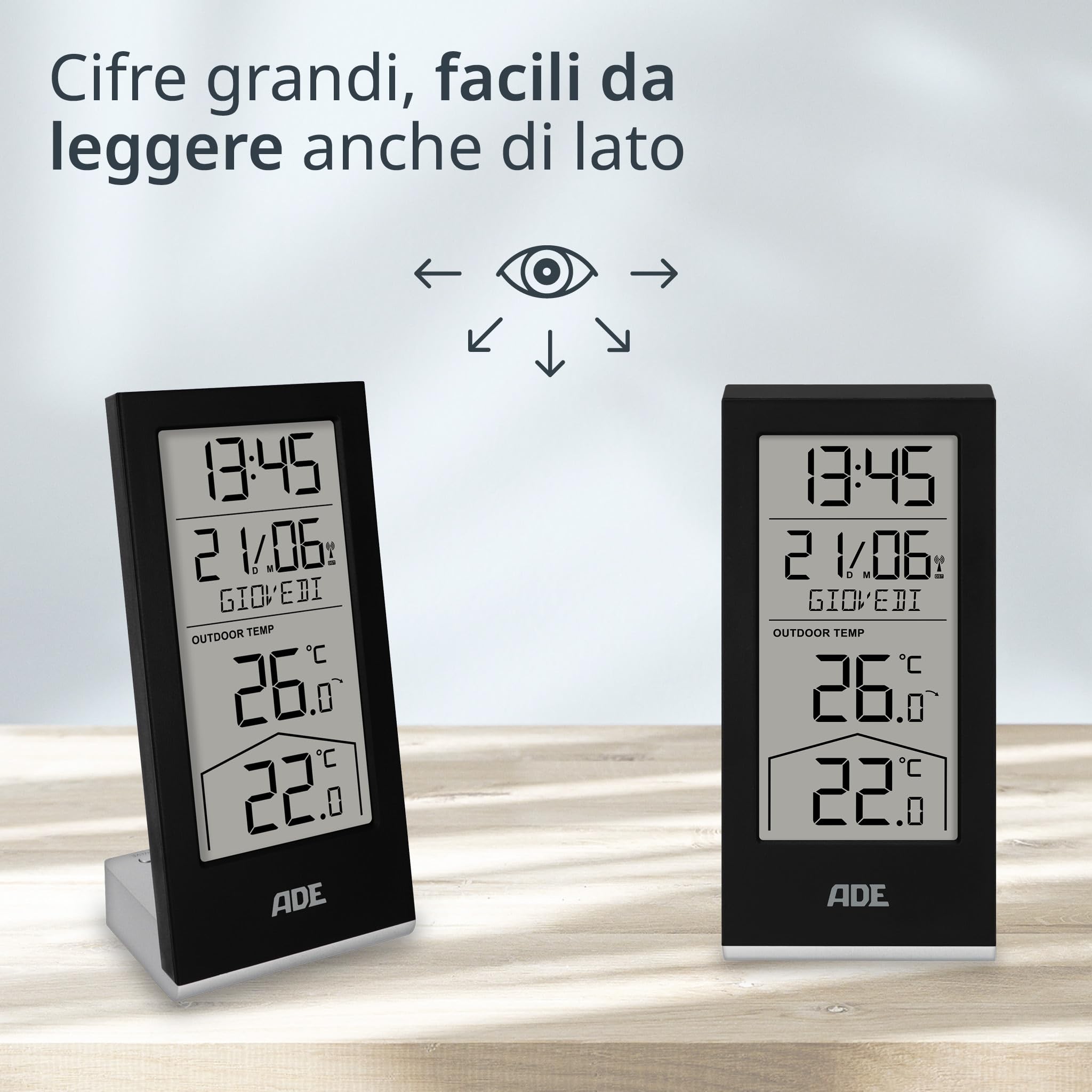 ADE Stazione meteorologica digitale con sensore esterno | termometro per temperatura interna ed esterna | orologio e calendario radiocontrollato con giorno della settimana | batterie incluse | nero