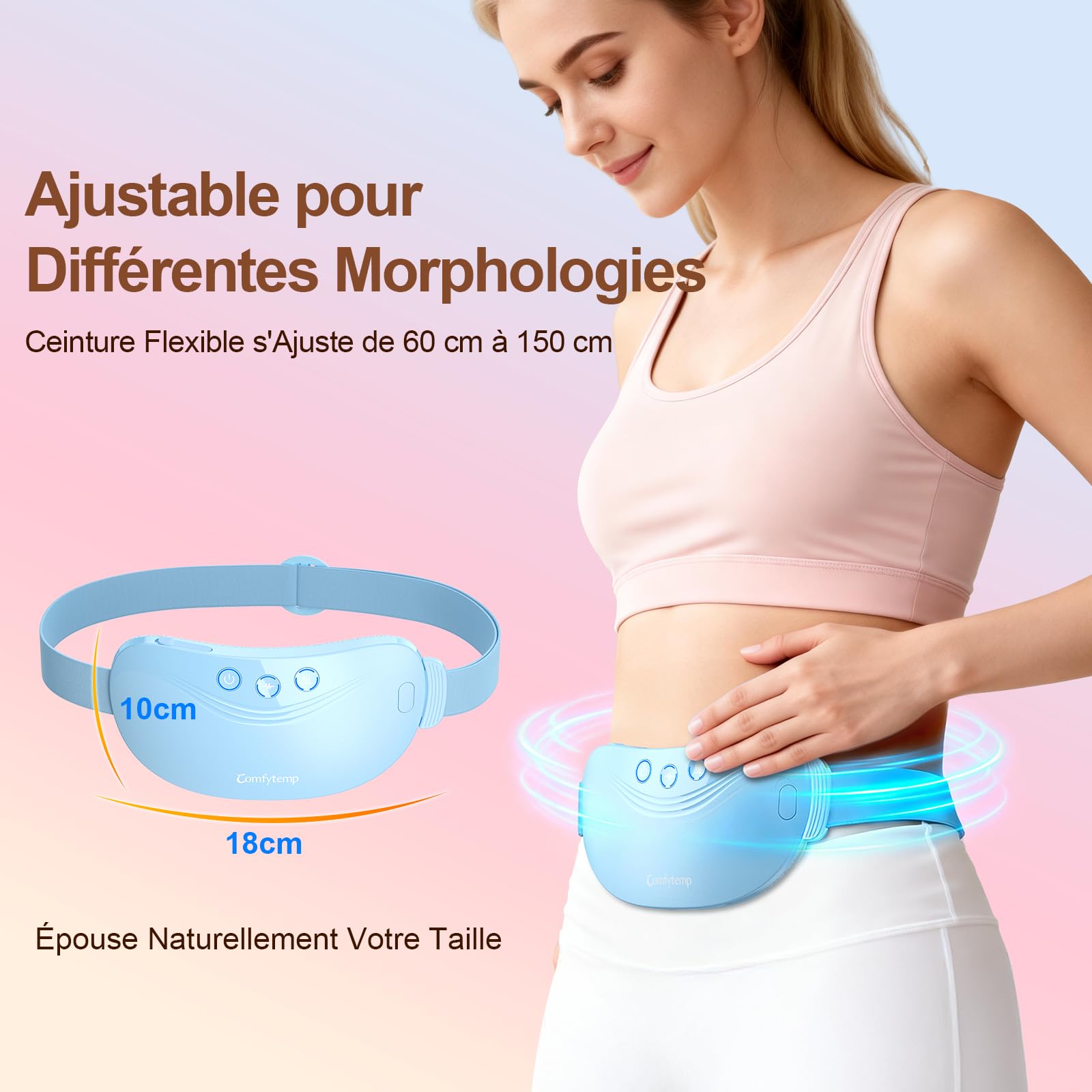 Comfytemp Ceinture Menstruelle Chauffante, 150cm Coussin Chauffant Double Moteur à Vibration, avec 3 Modes de Massage et 3 Niveaux de Température, Ceinture Chauffage sans Fil, Cadeau pour les Femmes