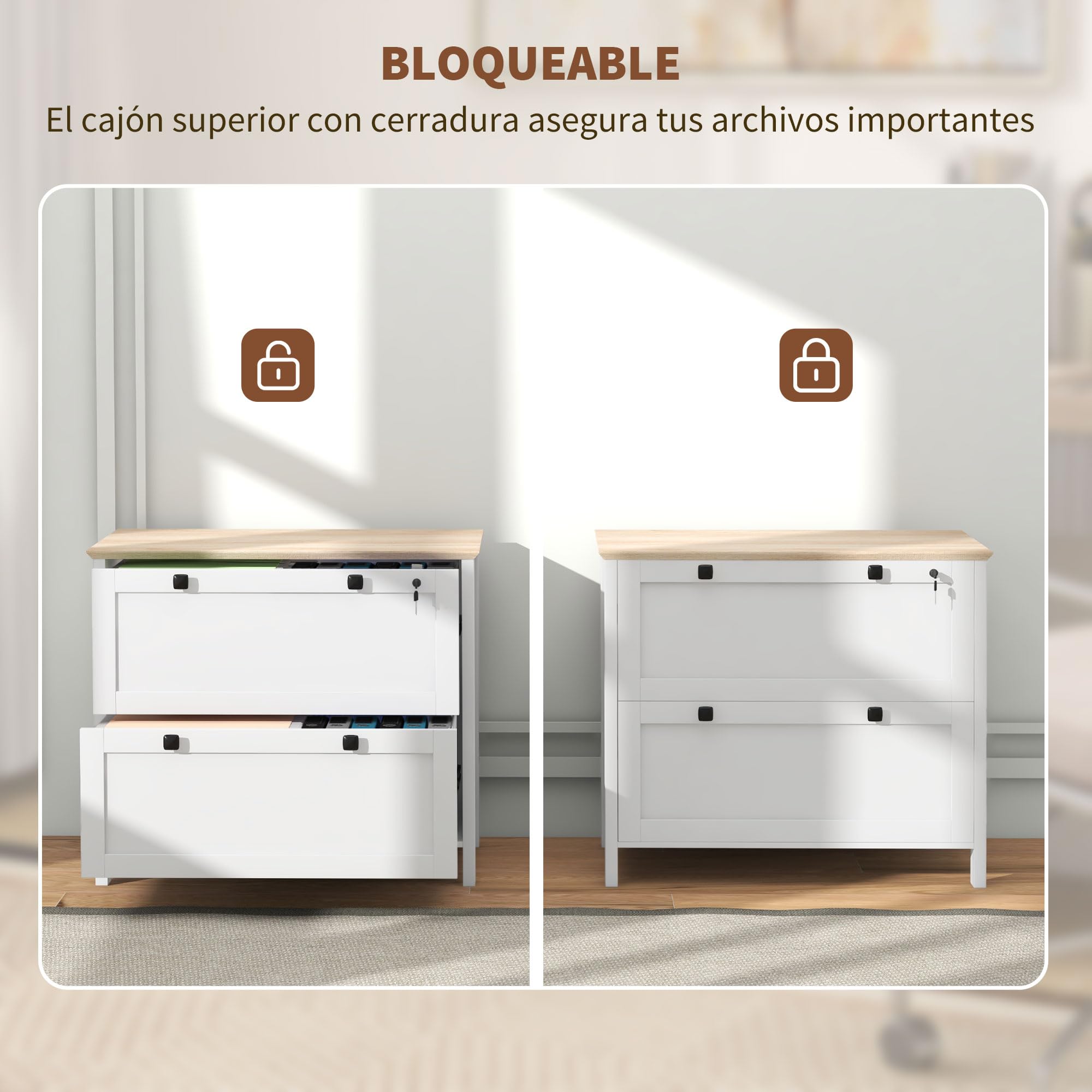 HOMCOM Cajonera de Oficina Mueble Archivador con 2 Cajones 2 Barras para Colgar 2 Llaves y Cerradura para Papel Tamaño A4 para Estudio Sala de Estar 79x40x72 cm Roble y Blanco