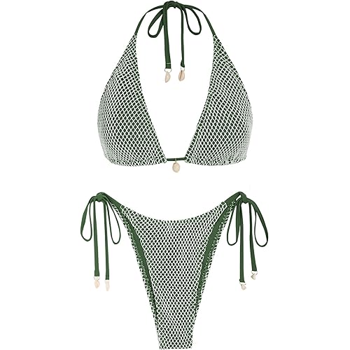 ZAFUL Women's Triangle Bikini Multiway Fishnet Tie Side Bandeau Halter String Bikini Set Two Piece Swimsuit Bathing Suits