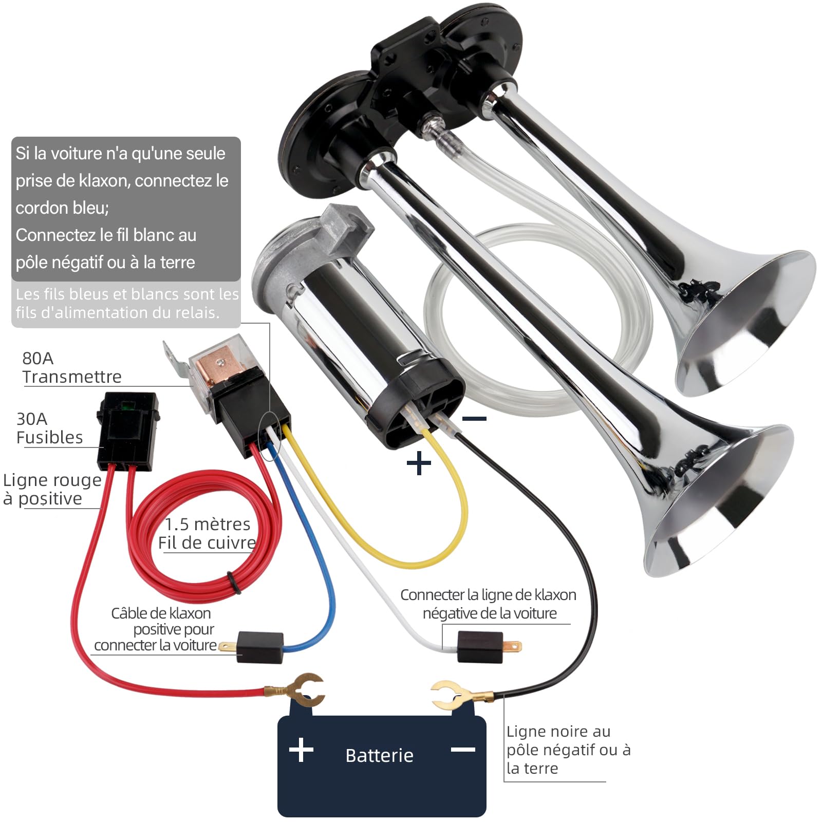 FARBIN Klaxon de Voiture 12V 150dB Puissant Klaxon à Air Chrome Zinc Klaxons de Camion Double Tube Trompette Argent avec Compresseur Pompe à Air Relais Faisceau Câble pour Tout 12V Voiture Camion Moto