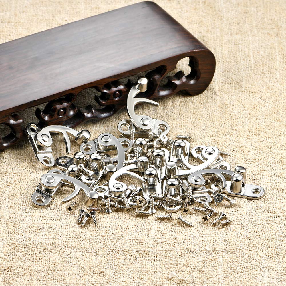 PGMJ 20 Pieces Thickened Solid Antique Right Latch Hook Hasp Horn Lock Wood Jewelry Box Latch Hook Clasp and 80 Replacement Screws (Silver)
