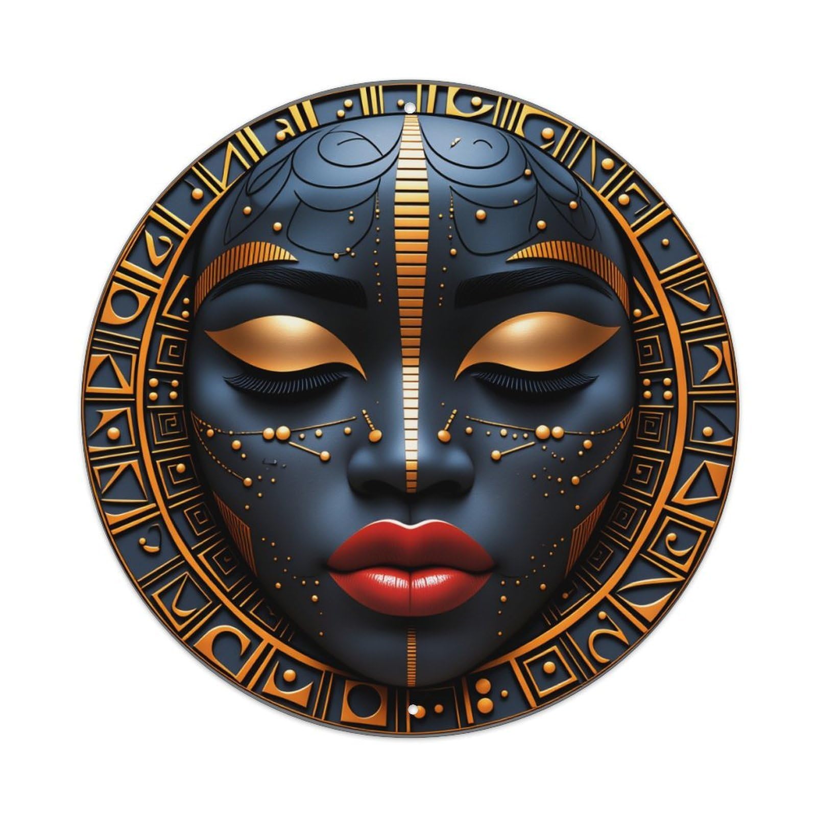 Black And Gold Tribal Face Art Pattern Round Vintage Tin Sign,Retro Wall Art,Metal Poster for Home, Bar, Garage, Cafe, Rustic Indoor & Outdoor Decor, 8x8 Inches