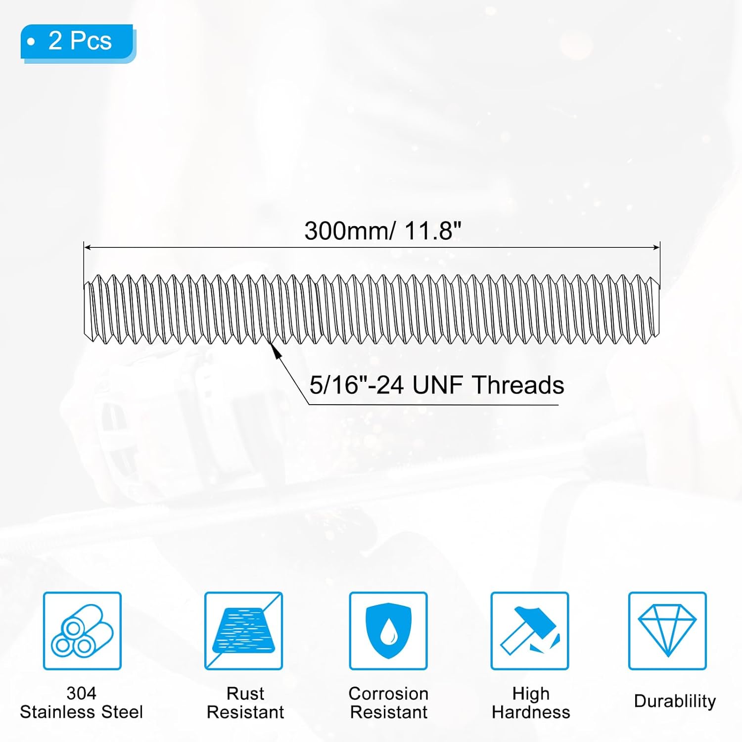 PATIKIL 5/16"-24 UNF 304 Stainless Steel Fully Threaded Rod, 2Pcs 11.8" Length Long Threaded Screw Right Hand Threads All Threaded Rod Studs for Anchoring Bolt, Clamps, Hangers and U-Bolts