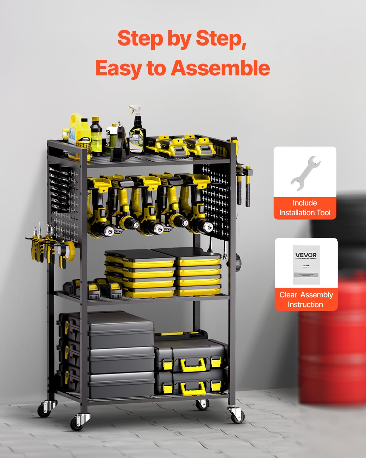 VEVOR Chariot à Outils, 4 Niveaux, Chariot Servante d'Atelier à roulettes, Capacité de Charge 68 kg, Rangement d'Outils Électriques, Support de Perceuse, pour Garage, Atelier de Réparation, Noir