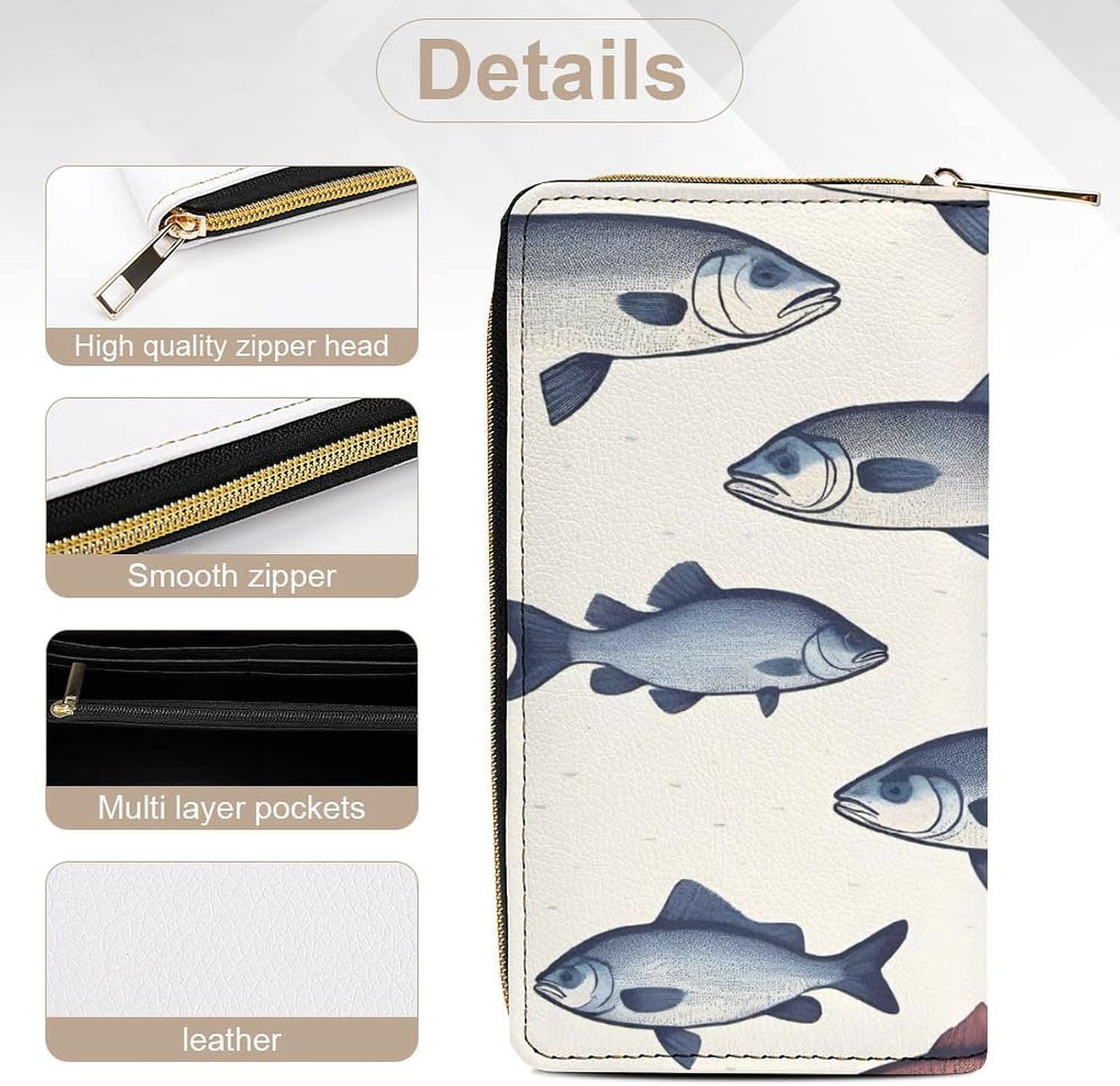 Leather Clutch Wallet with Zip, Hand Strap Colorful Fish Wallet Purses And Handbags for Women, Large Capacity