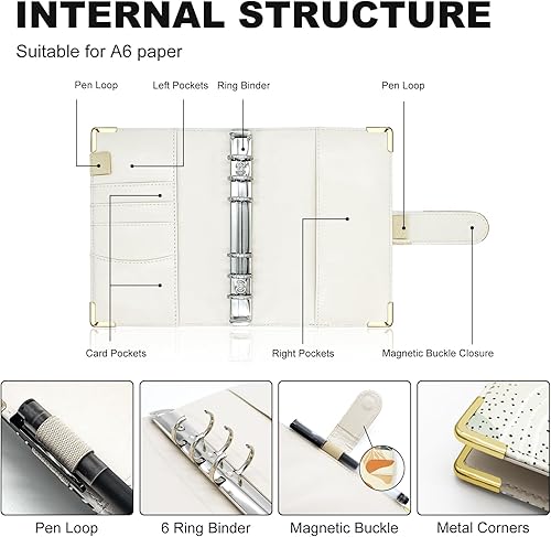 Miniatura 9 de Carpeta A5 recargable de piel sintética con 6 anillas, cubierta para cuaderno pequeño para papel de relleno A5, cubierta de planificador personal
