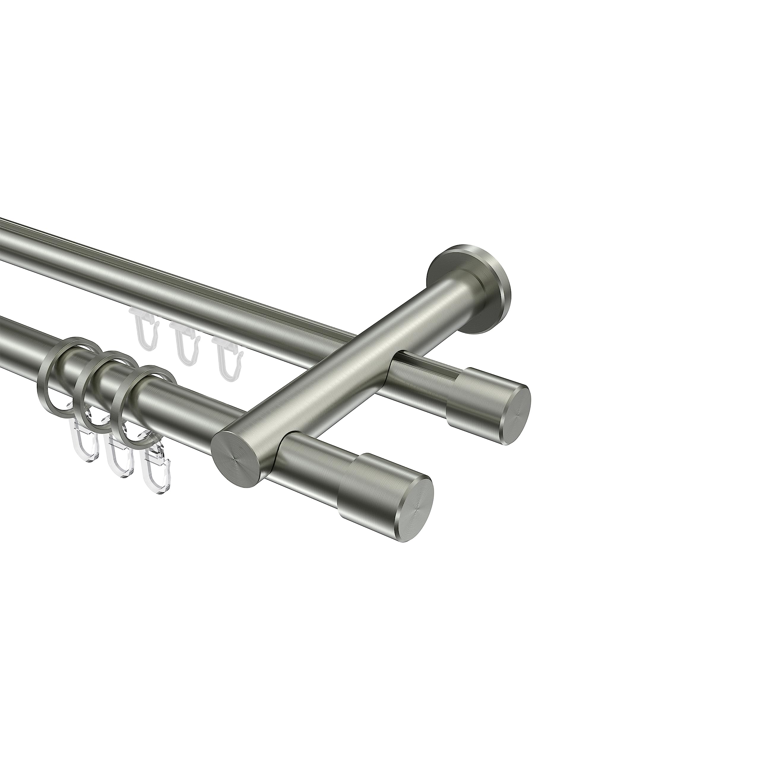 INTERDECO Rundrohr-Innenlauf-Gardinenstange 20 mm 2-läufig, moderne Rohr-Innenlaufstange aus Metall, Edelstahl-Optik, zur Wandmontage, Typ 10223112, 160 cm