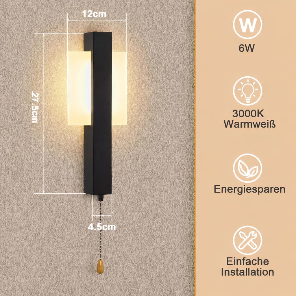 ZMH 2ER LED Wandleuchte Innen Wandlampen Mit Zugschalter Schwarz Flurlempe