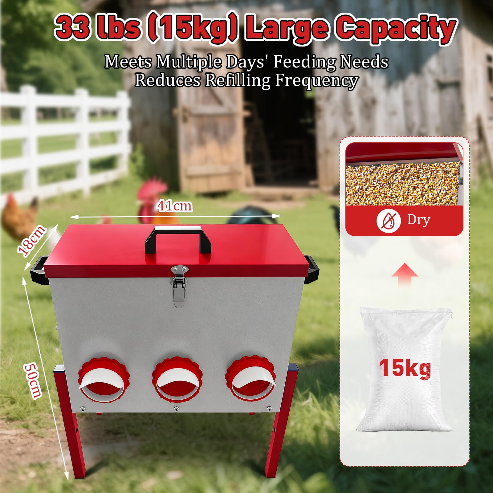 Hühner Futterautomat 15kg mit 6 Futteröffnungen, Futterspender Hühner | Großer Geflügel Futterautomat mit Regenschutz, 6 Öffnungen für Hühner, Enten und Gänse, für Hühnerstall, Outdoor, Garten