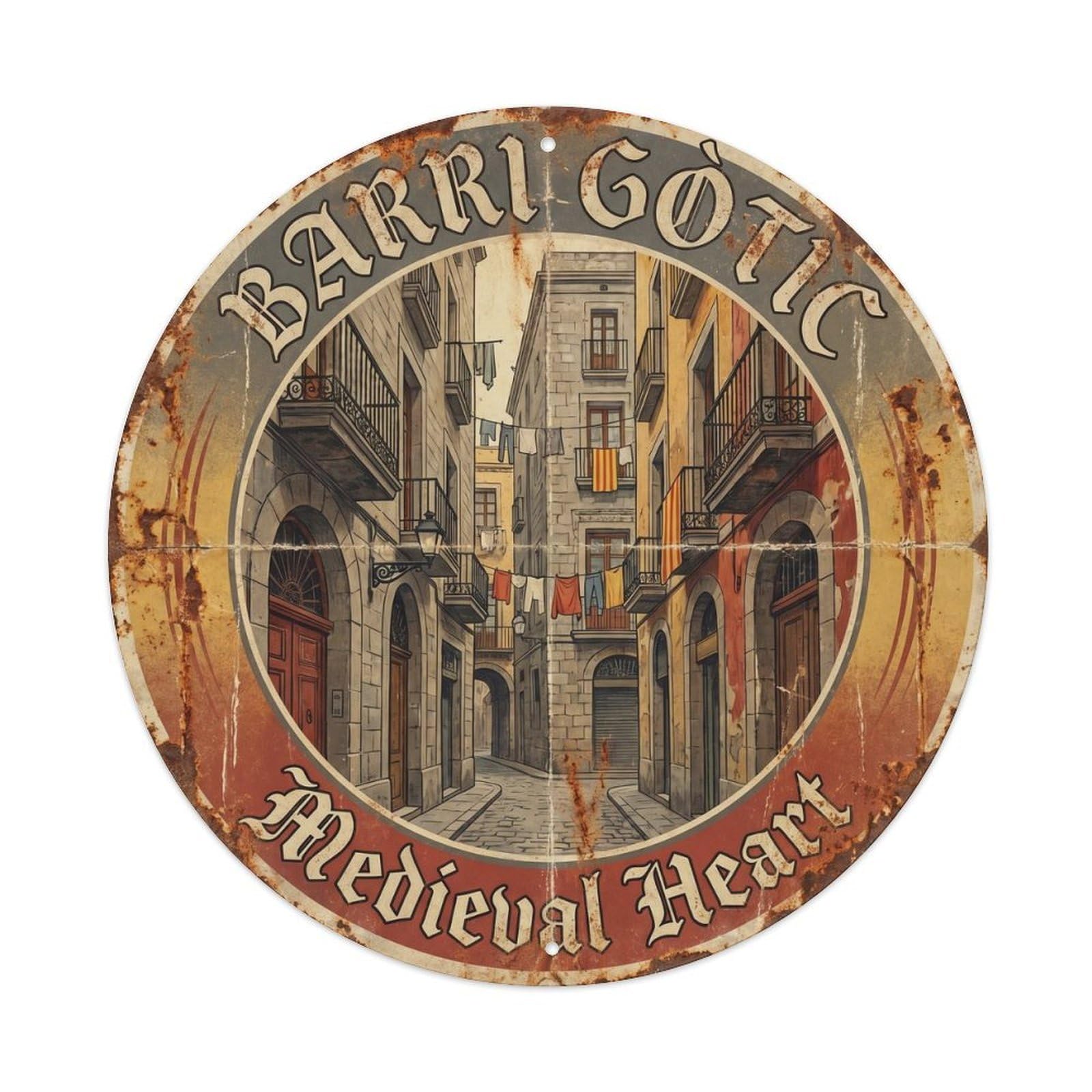 Vintage Travel Barcelona Gothic Quarter 1 Metal Tin Sign Plaque Wall Decor for Cafe, Club, Garden Round Metal Poster 8x8Inch