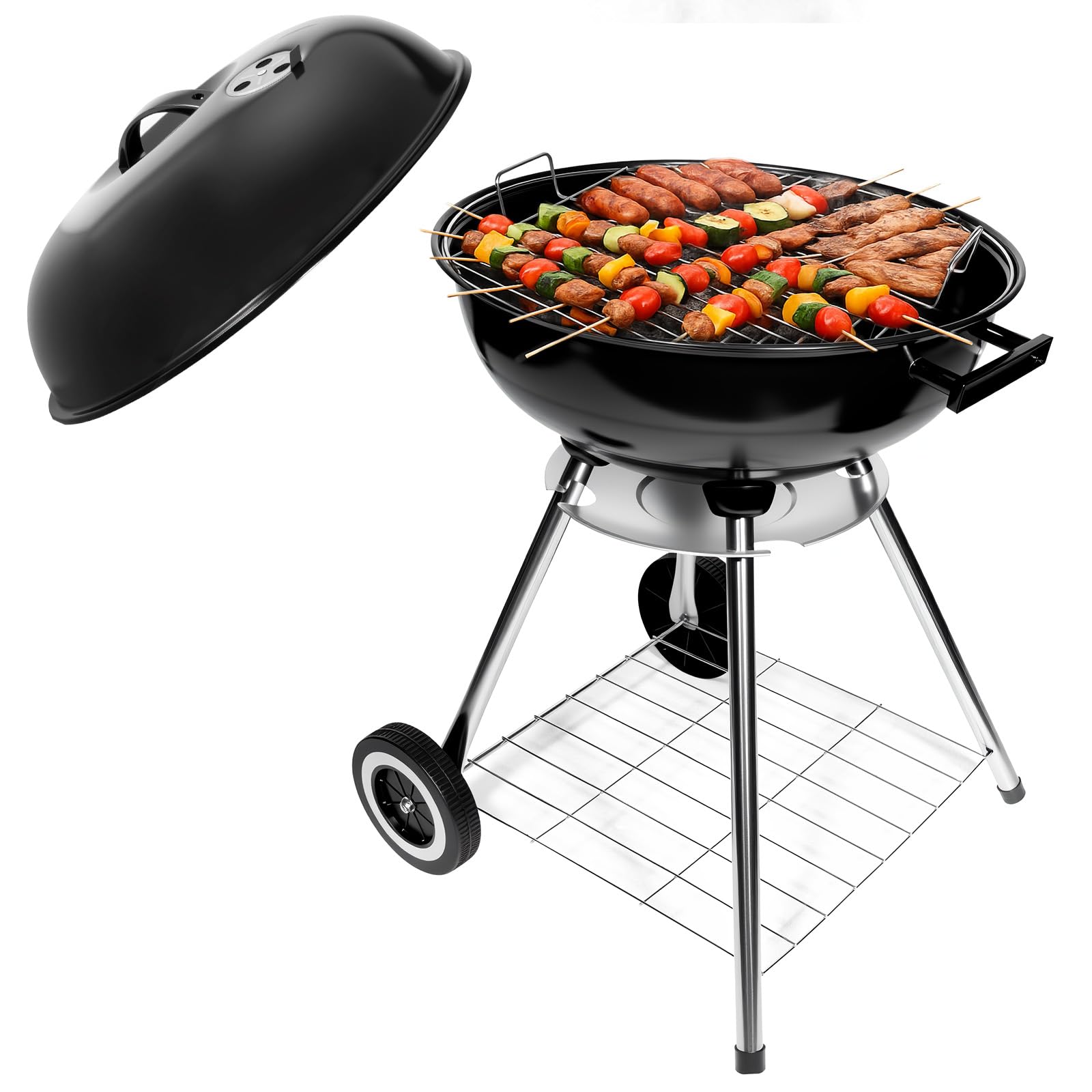 HYCHIKA Barbecue Charbon de Bois, Barbecues à charbon Ø47cm 18pouce Rond Vertical BBQ Compact Grill avec Couvercle Grille Chromée Roues, pour le Jardin Balcon Camping L'extérieur