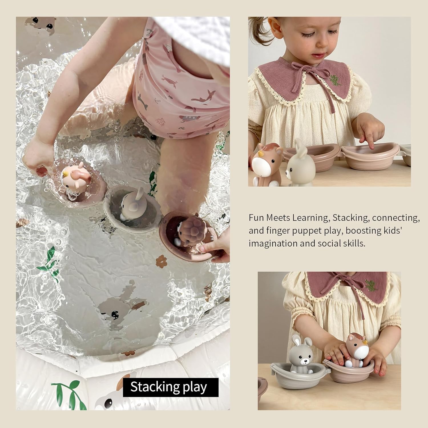 Nueplay Bathtub Toys for Toddlers 18M+，Baby Bath Toys with Animal Finger Puppets，Stackable Boat Train，Gift for Baby & Toddlers Set of 6