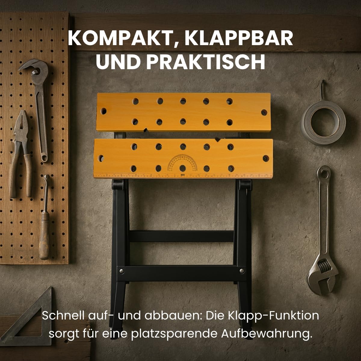 WALTER Werk- und Spanntisch, 100 kg Tragkraft, große Arbeitsfläche, klappbar und vielseitig verstellbar, universell einsetzbar, zum Schleifen, Sägen oder Einspannen von Werkstücken, Arbeitshöhe 77 cm